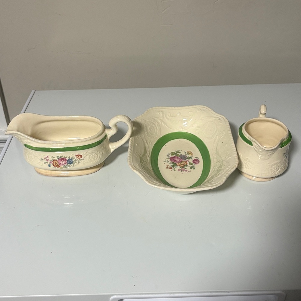 Floral Creamer and Saucer Set with Green Accents